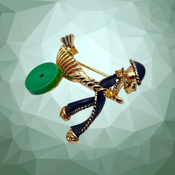 Cute Vintage Figural Asian With Rickshaw Cart Brooch Gold Tone Enamel Lucite - Picture 4 of 11